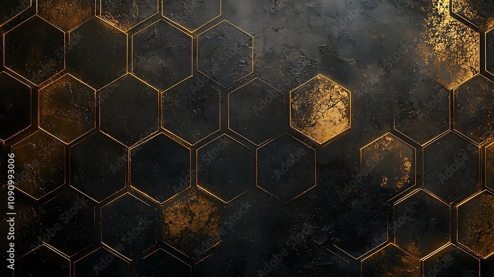 Leinwandbilder Dynamic golden hexagonal pattern digital art abstract design modern aesthetic close-up view visual innovation
