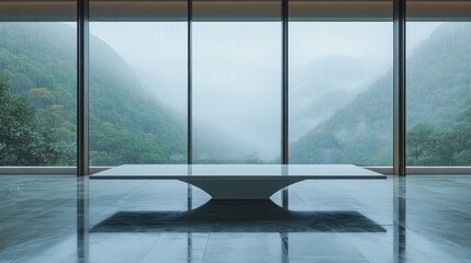 Naklejka premium Serene Rainy Mountain View from Modern Interior