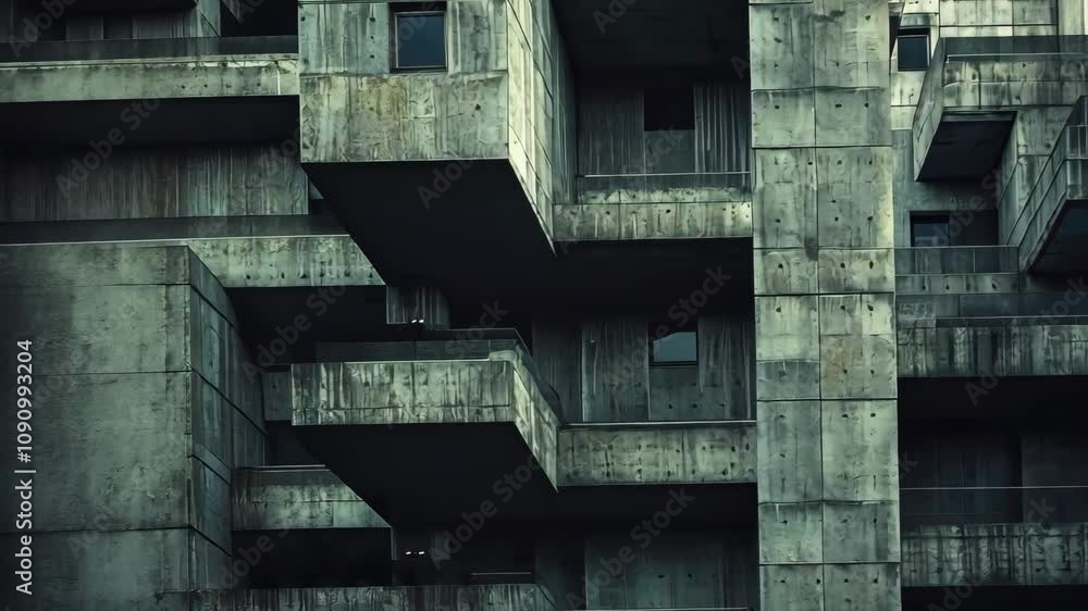 Aufkleber brutalist apartment complex with repetitive, modular design, featuring deep shadows and harsh concre
