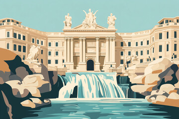 Flat design travel poster for Trevi Fountain