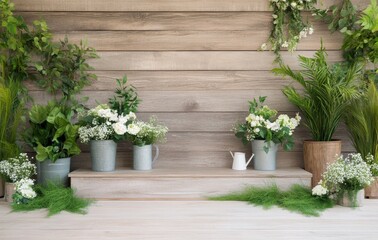 Fototapeta premium Decorative arrangement of potted plants and flowers on wooden backdrop in indoor setting