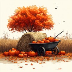 A serene autumn scene featuring pumpkins, a wheelbarrow, hay, and a vibrant orange tree.