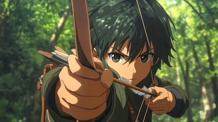 Anime archer aiming a bow forest background focused