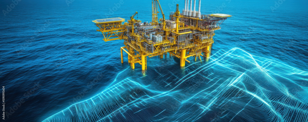 Poster oil rig in ocean with sonar waves illustrating deep sea formations. this captures advanced technolog
