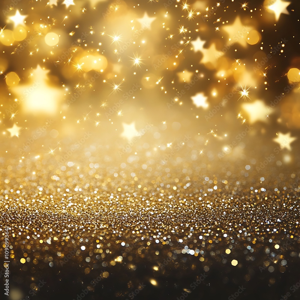 Poster a golden background with sparkling stars and glitter, creating an elegant atmosphere for new year's 