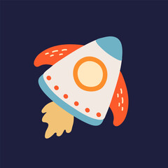 Colorful cartoon rocket launching into space with dark background.