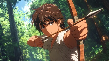 Anime archer aiming a bow forest background focused