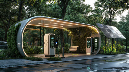 Obraz premium modern hydrogen fuel cell station surrounded by greenery, featuring sleek design and solar panels, promoting eco friendly energy solutions