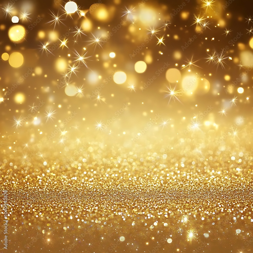 Poster a golden background with sparkling stars and glitter, creating an elegant atmosphere for new year's 
