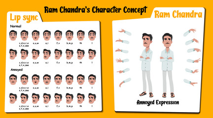 An Indian man cartoon character AKA Ram Chandra. An Indian man annoyed face expressions and lip sync. Set of an annoyed Indian man with various hand gesture and front and 1/3 standing pose.