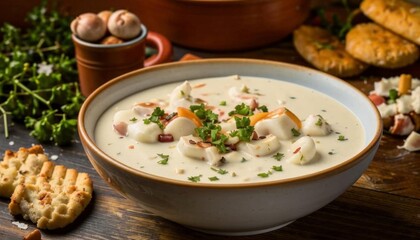 A ceramic bowl of steaming white clam chowder, garnished with fresh parsley, accompanied by oyster crackers, placed on a wooden table. AI generated.
