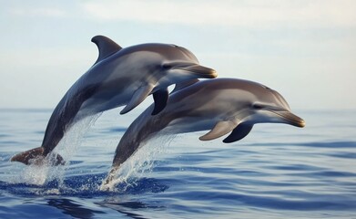 Fototapeta premium Dolphins jumping in the ocean at sunset near a serene coastline