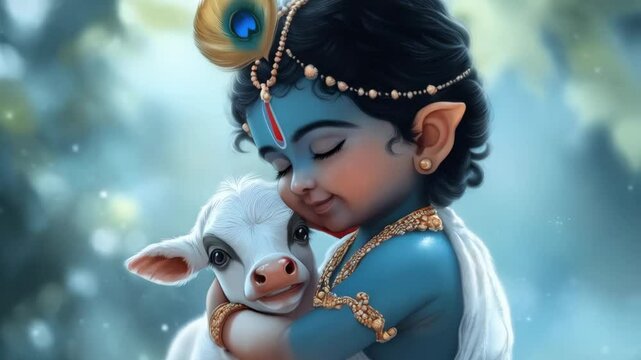Cute little baby Krishna with sacred cow. Hindu god Lord Krishna with calf. Krishna Janmashtami, Govardhan Puja, Vasubaras. Indian religious festival	