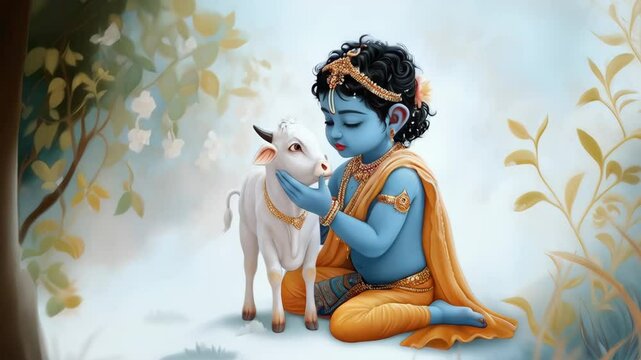 Cute little baby Krishna with sacred cow. Hindu god Lord Krishna with calf. Krishna Janmashtami, Govardhan Puja, Vasubaras. Indian religious festival	