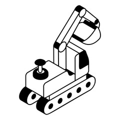 backhoe with bucket and cab outline isometric vector, Handyman Services symbol, House Repairing sign, Civil Engineering and Building Contractor stock illustration, Heavy Excavators Digging  concept