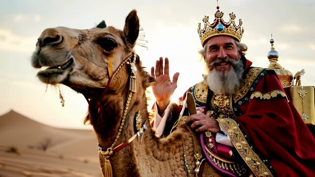 The wise man Melchior on a camel carrying gifts in the festive procession of the day of kings
