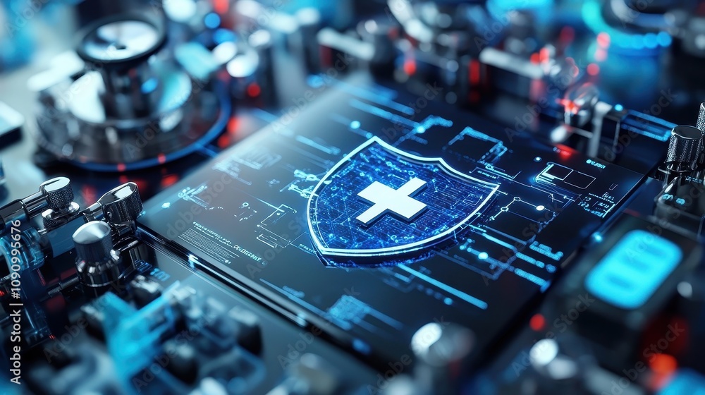 Aufkleber digital security shield on a circuit board background, symbolizing cybersecurity.