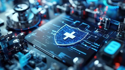 Naklejka premium Digital security shield on a circuit board background, symbolizing cybersecurity.
