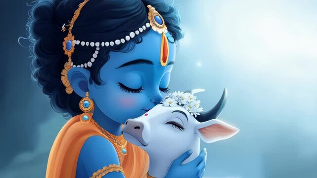 Cute little baby Krishna with sacred cow. Hindu god Lord Krishna with calf. Krishna Janmashtami, Govardhan Puja, Vasubaras. Indian religious festival	