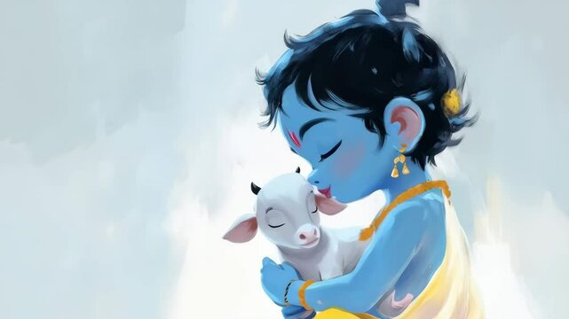 Cute little baby Krishna with sacred cow. Hindu god Lord Krishna with calf. Krishna Janmashtami, Govardhan Puja, Vasubaras. Indian religious festival	
