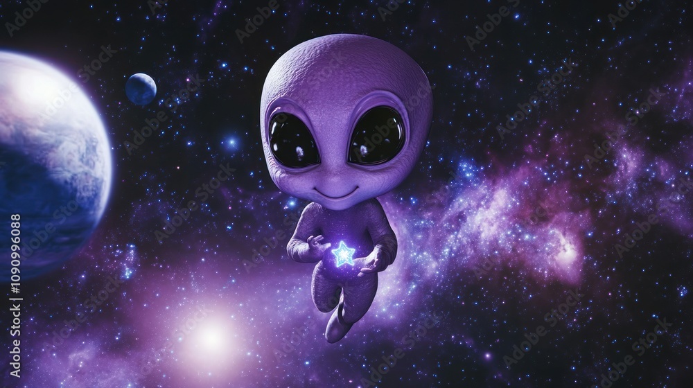 Aufkleber a cute alien character floating in space, holding a glowing orb amidst colorful celestial scenery.
