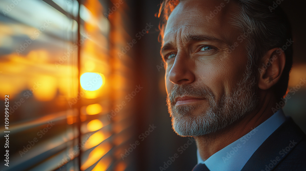 Poster man gazes thoughtfully out the window at a vibrant sunset while dressed in formal attire, reflecting