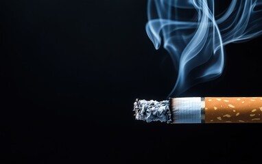Artistic high-resolution close-up of cigarette smoke unfurling in soft, swirling shapes against a solid black background