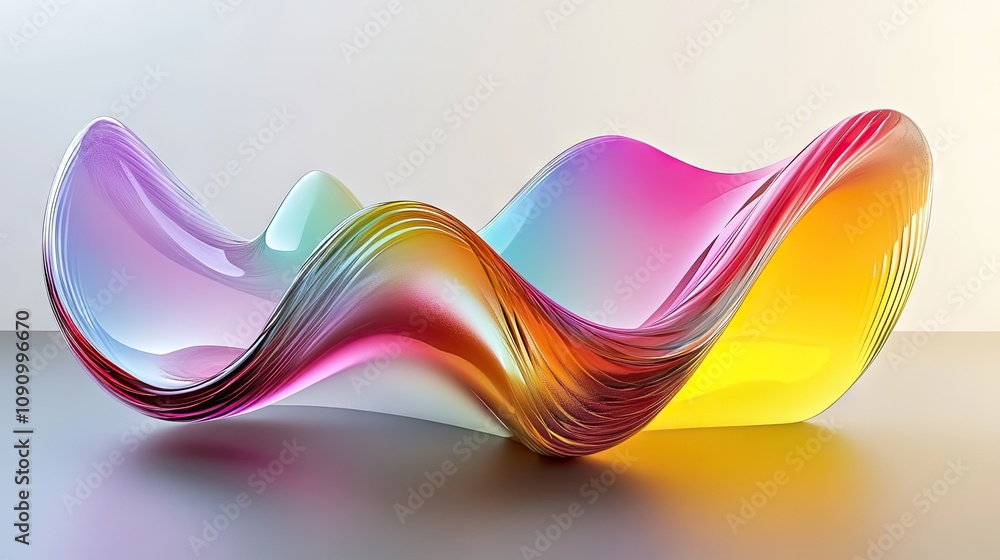 Poster 3d abstract render of colorful glass waves, flowing smoothly in a minimalist space.