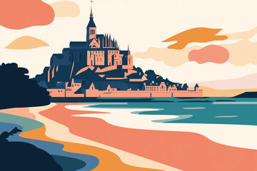 Flat design travel poster for Mont Saint-Michel