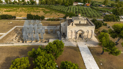 Aerial view of the facade of Basilica of Santa Maria Maggiore di Siponto (Holy Virgin of Siponto)....