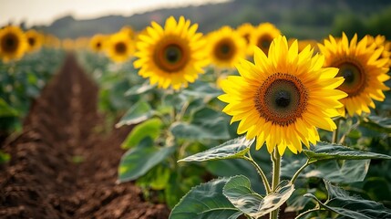 Obraz premium Farm Soil Yield, Vibrant Sunflower Field Contrasted Against Rich Brown Soil Backdrop