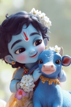 Cute little baby Krishna with sacred cow. Hindu god Lord Krishna with calf. Krishna Janmashtami, Govardhan Puja, Vasubaras. Indian religious festival	