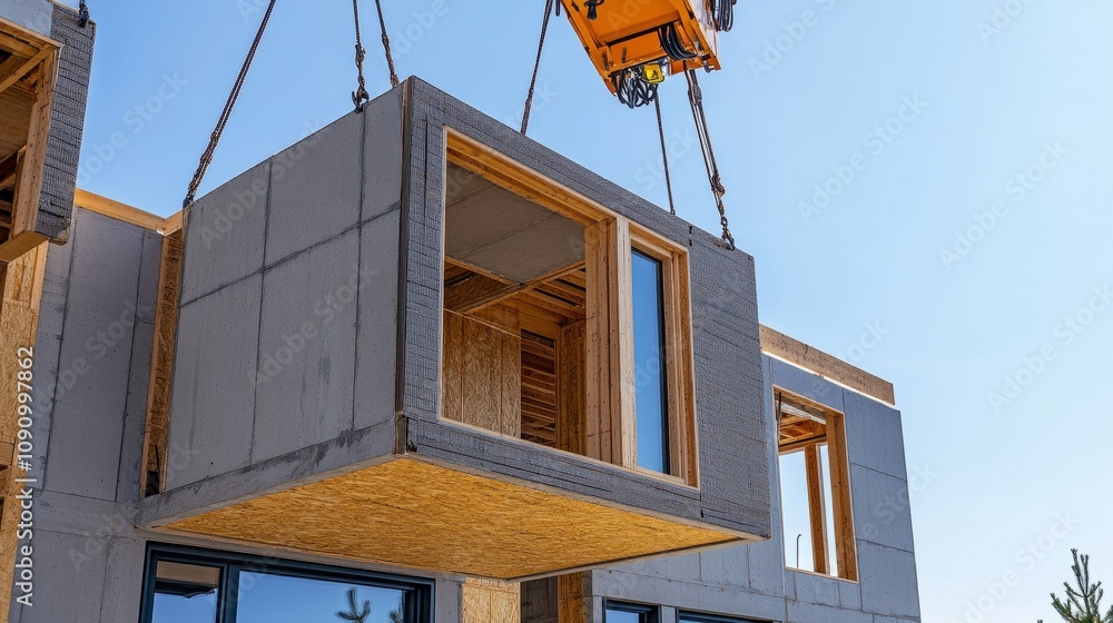 Poster a close-up of prefabricated walls being aligned and installed using a crane at a modern home constru