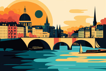 Flat design travel poster for Seine River