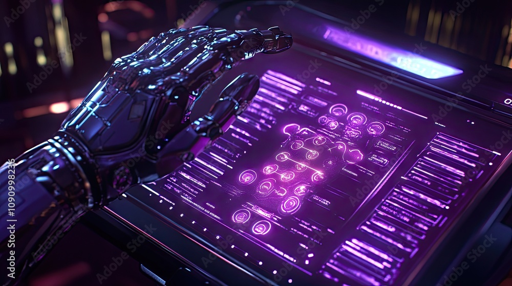 Poster a 3d-rendered robot with articulated arms interacting with a holographic touch screen full of glowin