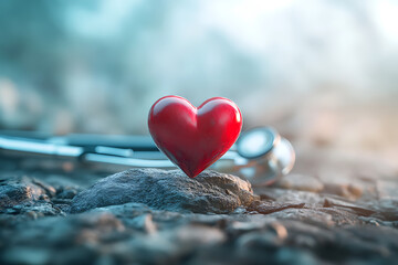 Fototapeta premium Red Heart on Rocks with Stethoscope: A Symbol of Health, Care, and Hope