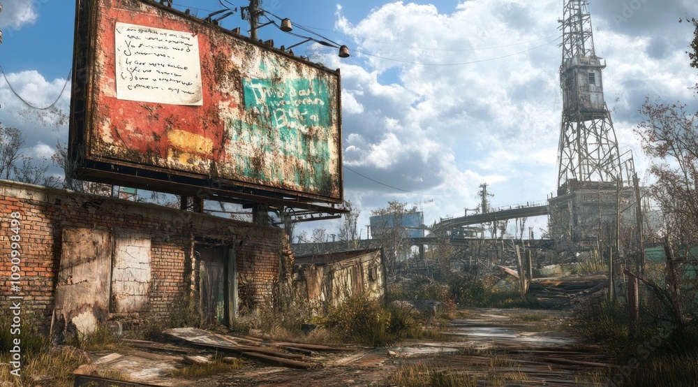Poster A desolate landscape featuring a rundown billboard and industrial structures under a cloudy sky.