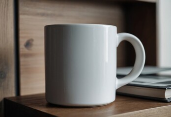 Obraz premium White Coffee Mug Placed on a Wooden Table Next to a Book in a Cozy Setting