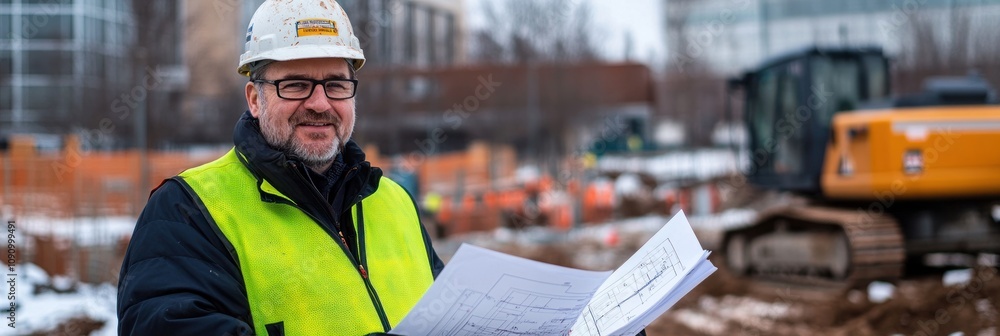 Poster A construction worker reviewing blueprints at a worksite with machinery in the background.