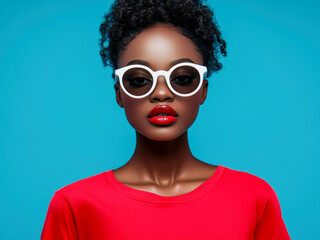 Stylish woman wearing white sunglasses, a red shirt, and bold red lipstick against a bright blue background.