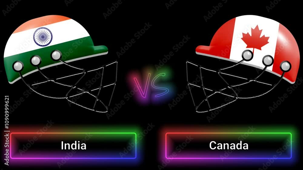 Poster india vs canada match animation with flags on helmets and colorful border over text all on black bac