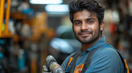 Fototapeta premium Portrait of a young South Asian mechanic in a workshop, smiling confidently while holding a wrench, vibrant tones, ideal for career inspiration and trade skill promotion
