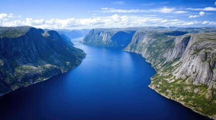 Majestic aerial view of a deep blue fjord surrounded by towering cliffs and lush greenery under a vibrant blue sky. A breathtaking natural landscape.