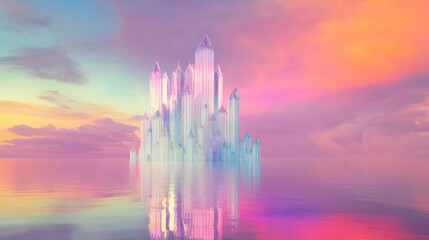 Giant crystal palace floating above a calm ocean, reflecting in the water, vibrant sky with surreal colors, magical and ethereal scene 