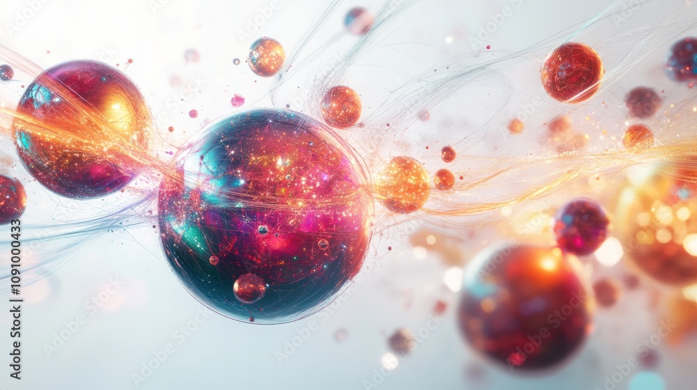Aufkleber communication system, displaying a network of interconnected particles represented as vibrant orbs.