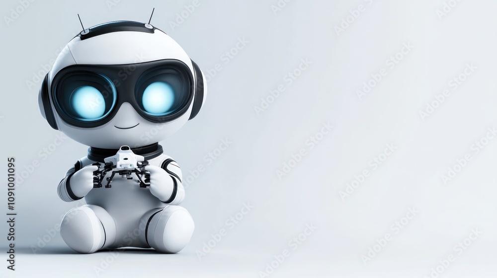 Aufkleber A cute robot character playing video games with a controller.