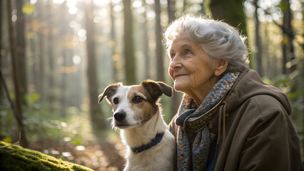 Sinnliches Closeup-Portrait einer glücklichen Seniorin mit Hund im Wald. Sonnige warme Atmosphäre