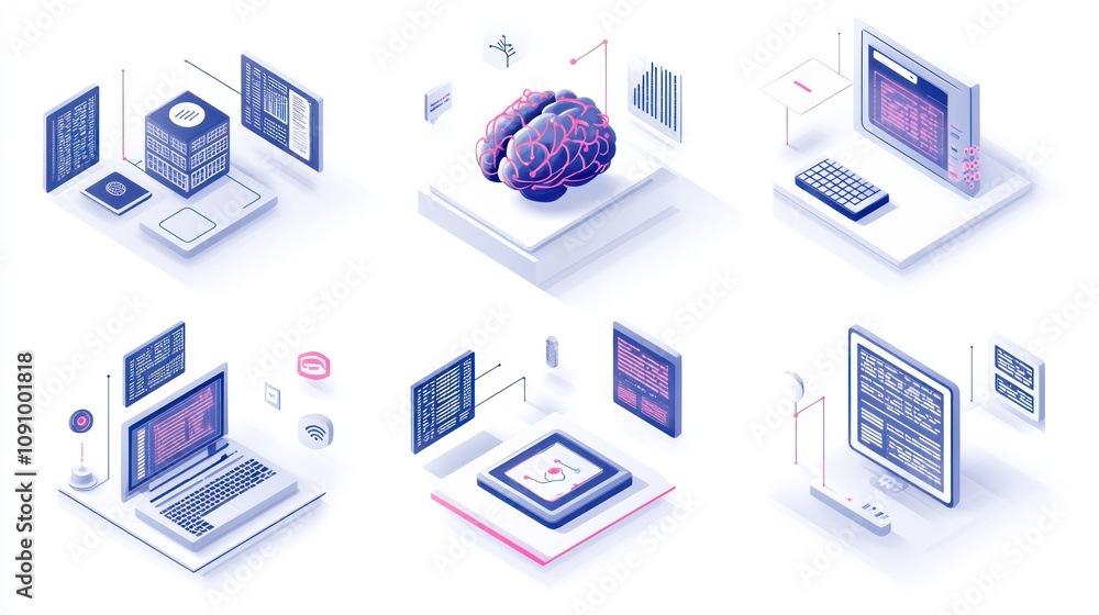 Poster A collection of isometric illustrations depicting technology and data analysis concepts.