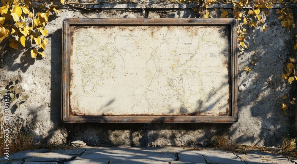 Poster A weathered map displayed on a rustic frame against a stone wall, surrounded by foliage.