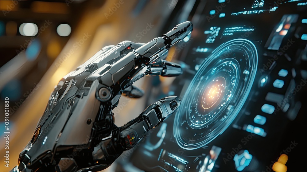 Poster a close-up of a robot finger gently touching a pulsating holographic button, with intricate details 